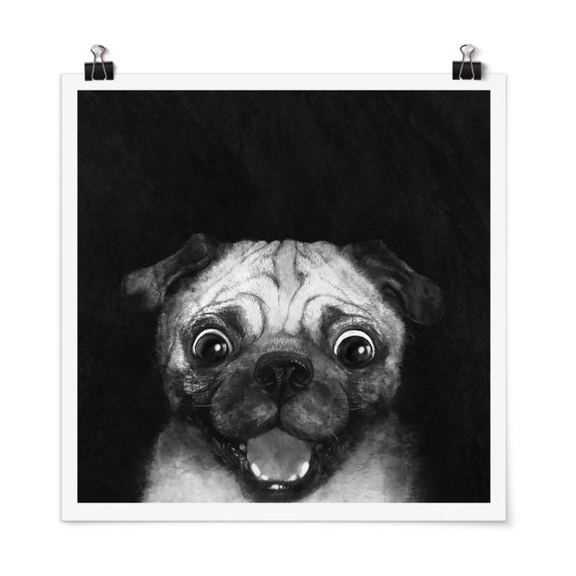 Posters quadros famosos Illustration Dog Pug Painting On Black And White