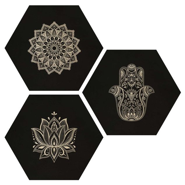 Quadros hexagonais 3 partes Mandala Hamsa Hand Lotus Set On Black