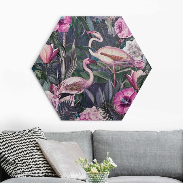 decoraçao para parede de cozinha Colourful Collage - Pink Flamingos In The Jungle