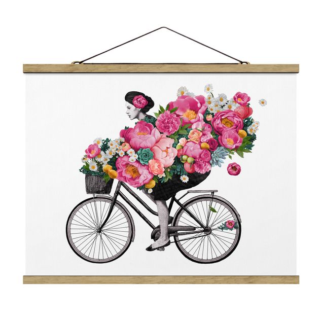 Quadros famosos Illustration Woman On Bicycle Collage Colourful Flowers