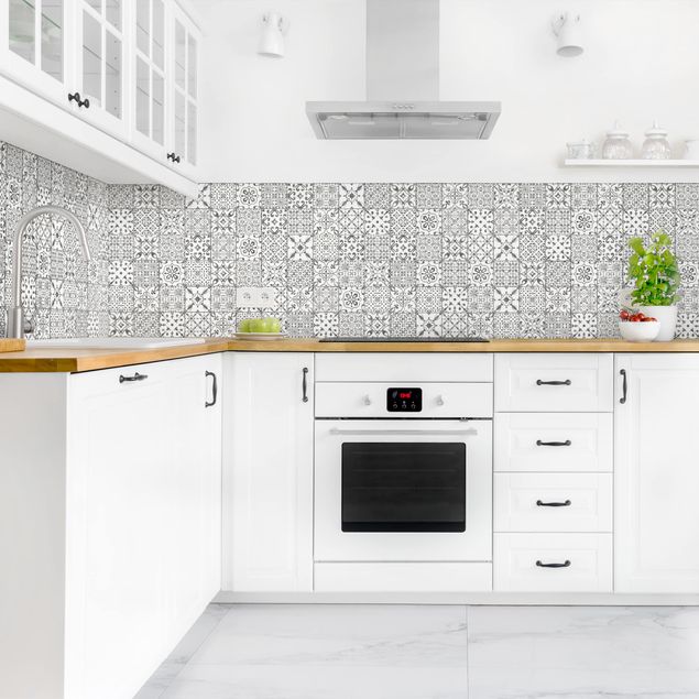 Backsplash de cozinha imitação azulejos Patterned Tiles Gray White