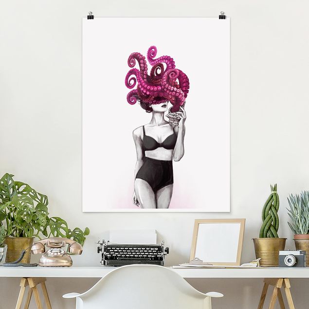 Quadros peixes Illustration Woman In Underwear Black And White Octopus