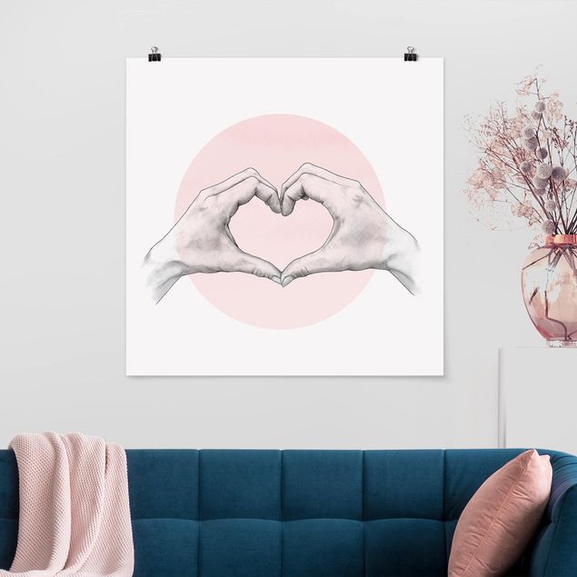 Posters quadros famosos Illustration Heart Hands Circle Pink White