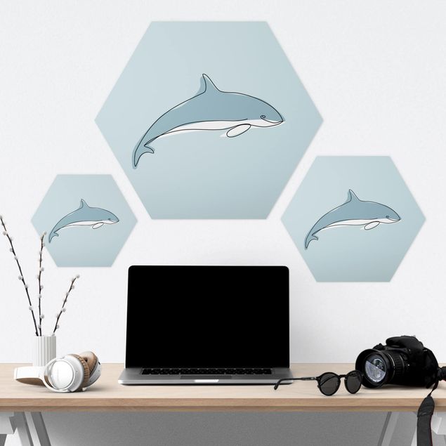 Quadros hexagonais Dolphin Line Art