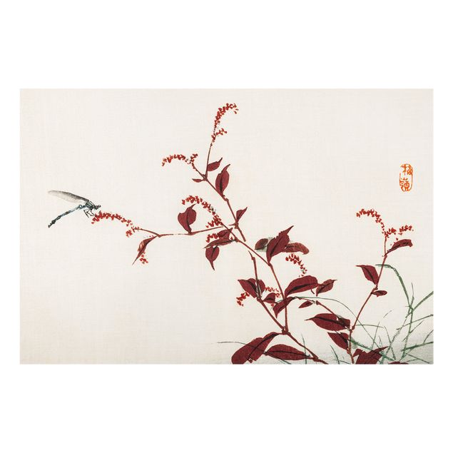 Painel anti-salpicos de cozinha Asian Vintage Drawing Red Branch With Dragonfly