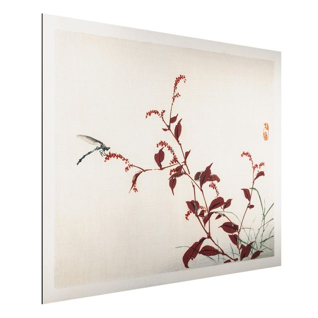 decoraçao para parede de cozinha Asian Vintage Drawing Red Branch With Dragonfly