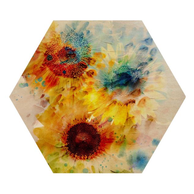Quadros hexagonais Watercolour Flowers Sunflowers