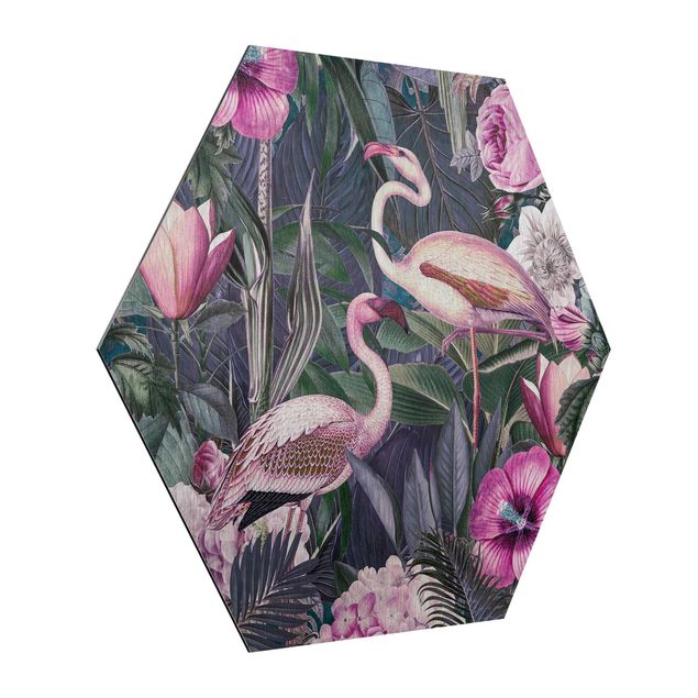 quadros de flores Colourful Collage - Pink Flamingos In The Jungle