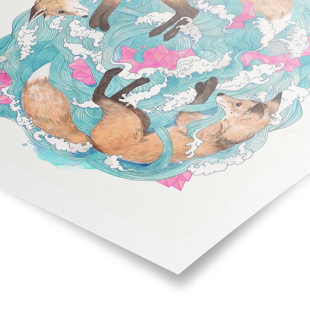 Quadros em turquesa Illustration Foxes And Waves Painting