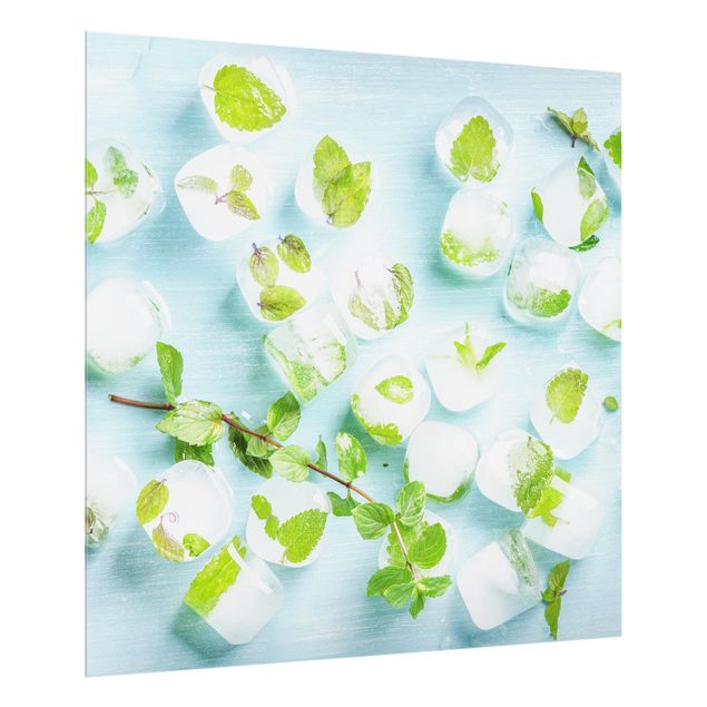 painéis antisalpicos Ice Cubes With Mint Leaves