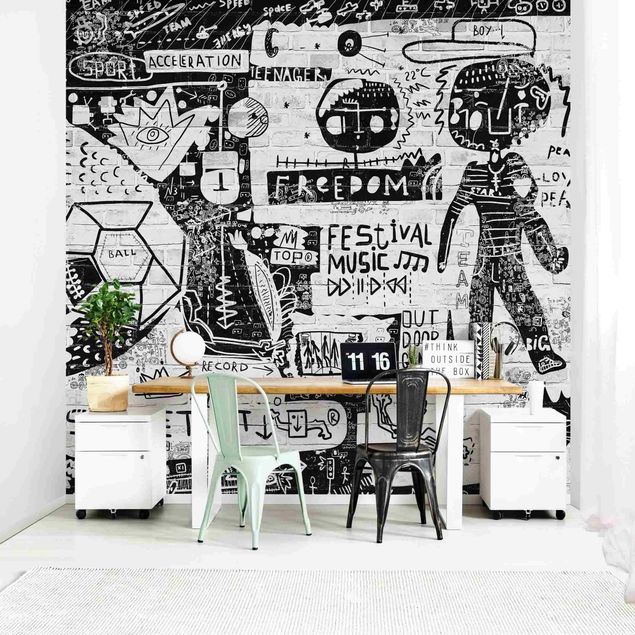 papel parede de tijolinho Abstract Graffiti Art Black And White