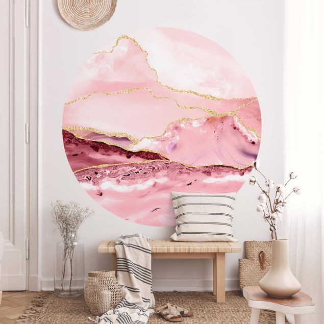papel de parede mármore Abstract Mountains Pink With Golden Lines