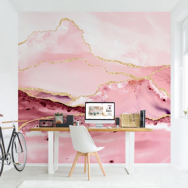 papel parede marmore Abstract Mountains Pink With Golden Lines