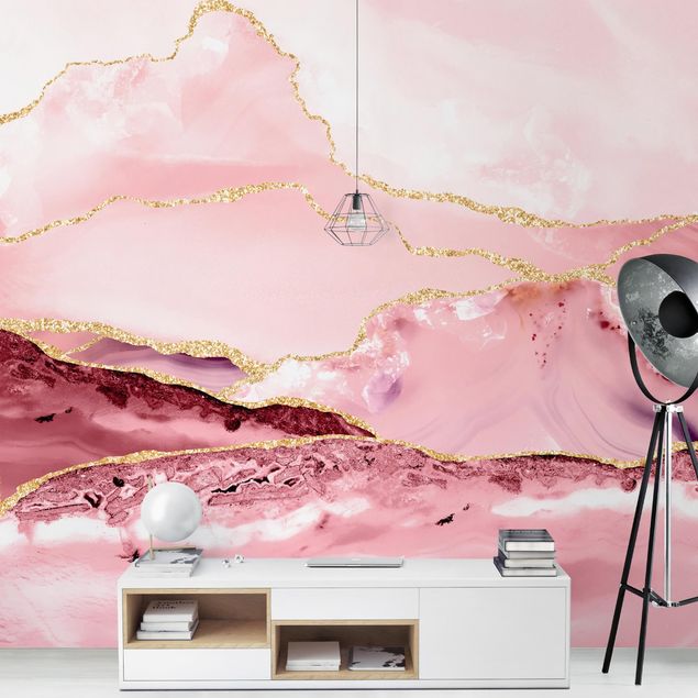 Papel de parede montanhas Abstract Mountains Pink With Golden Lines