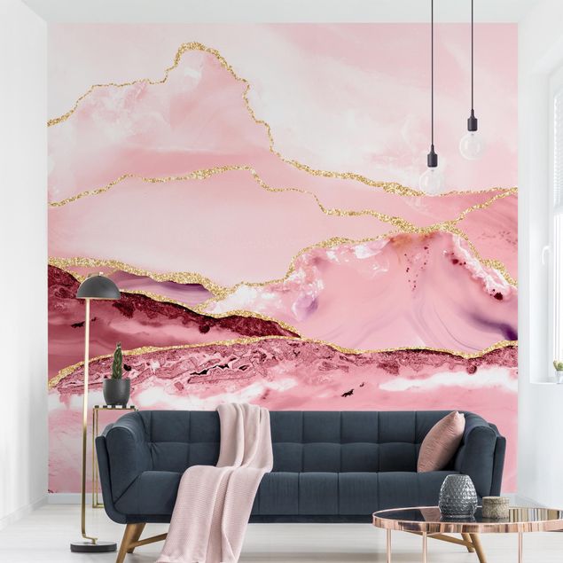 papel de parede imitando pedra Abstract Mountains Pink With Golden Lines