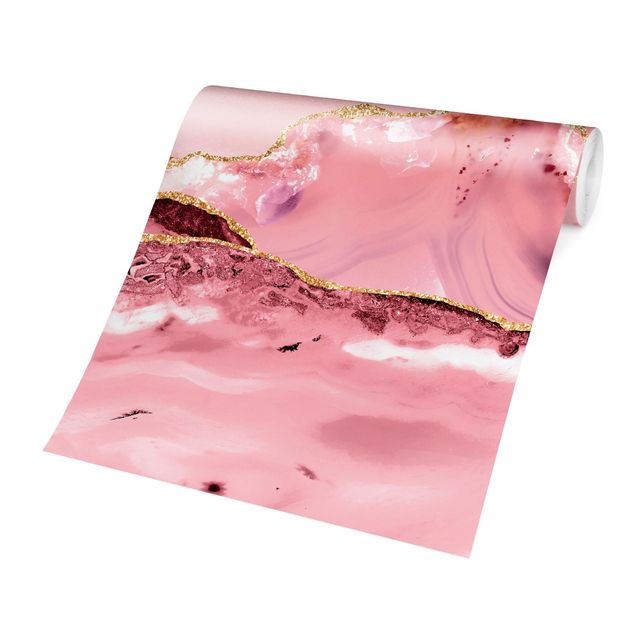 Papel de parede padrões Abstract Mountains Pink With Golden Lines
