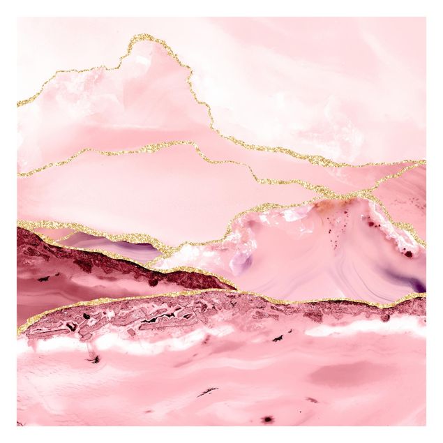 papel de parede moderno para sala Abstract Mountains Pink With Golden Lines