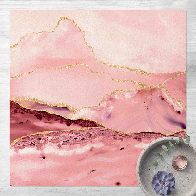 Tapetes modernos Abstract Mountains Pink With Golden Lines