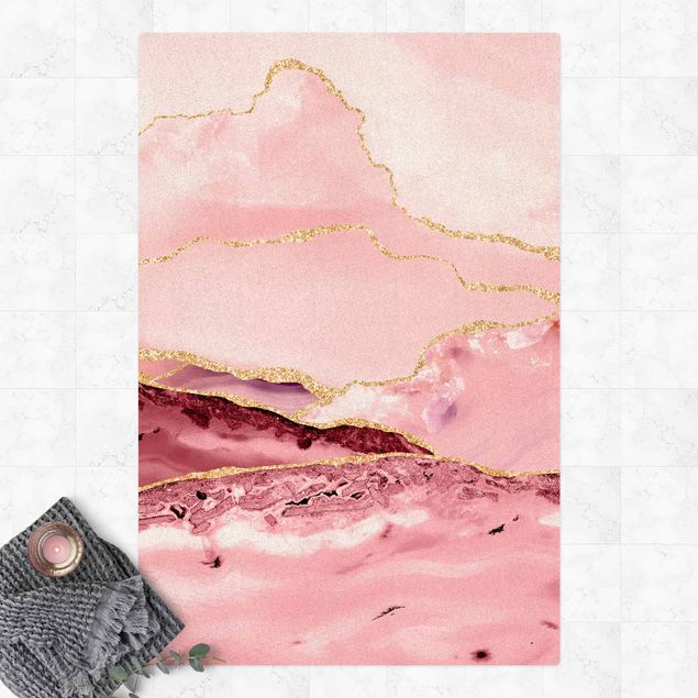 Tapetes modernos Abstract Mountains Pink With Golden Lines