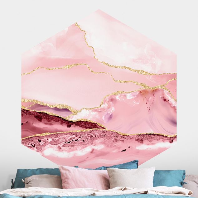 papel parede marmore Abstract Mountains Pink With Golden Lines