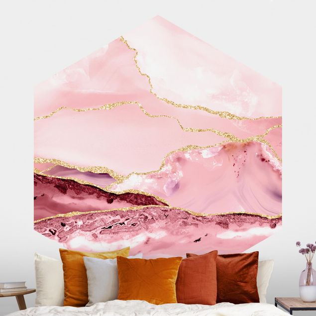 decoraçao cozinha Abstract Mountains Pink With Golden Lines