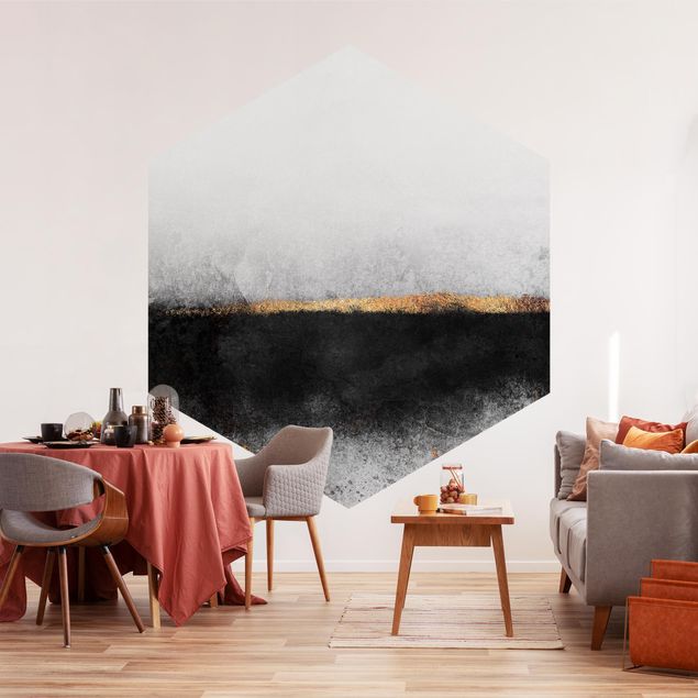 papel de parede moderno para sala Abstract Golden Horizon Black And White