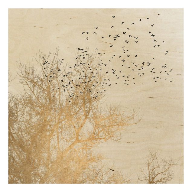 Quadros em madeira paisagens Flock Of Birds In Front Of Golden Tree