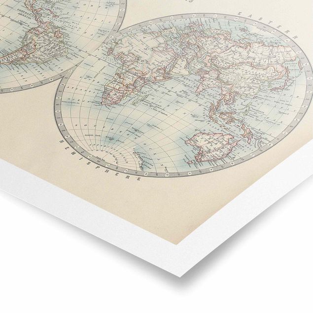 decoração quadros Vintage World Map The Two Hemispheres