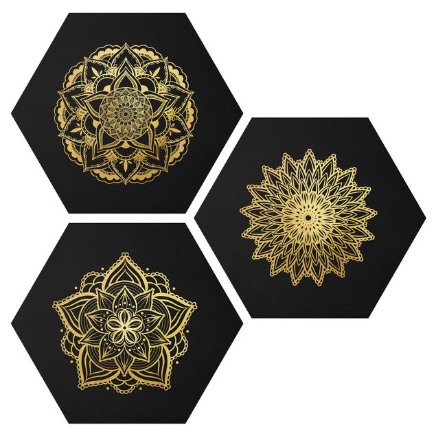 Quadros zen Mandala Flower Sun Illustration Set Black Gold