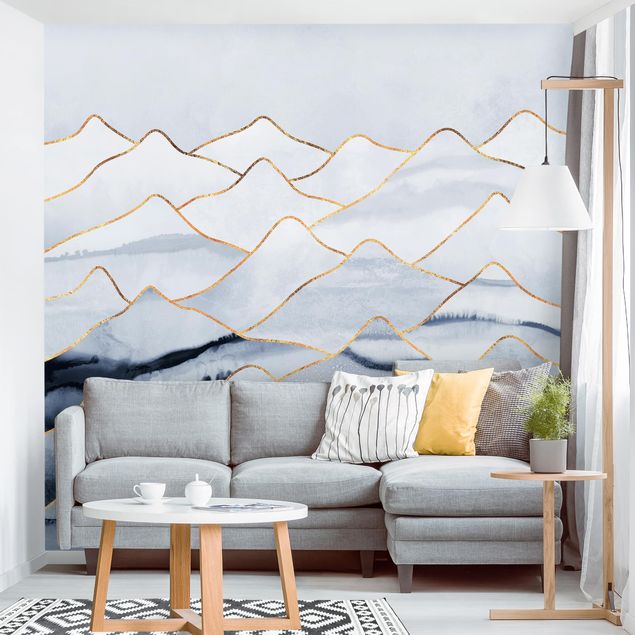 papel de parede com paisagem Watercolour Mountains White Gold