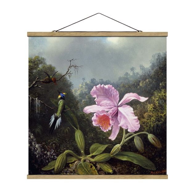 Quadros florais Martin Johnson Heade - Still Life With An Orchid And A Pair Of Hummingbirds