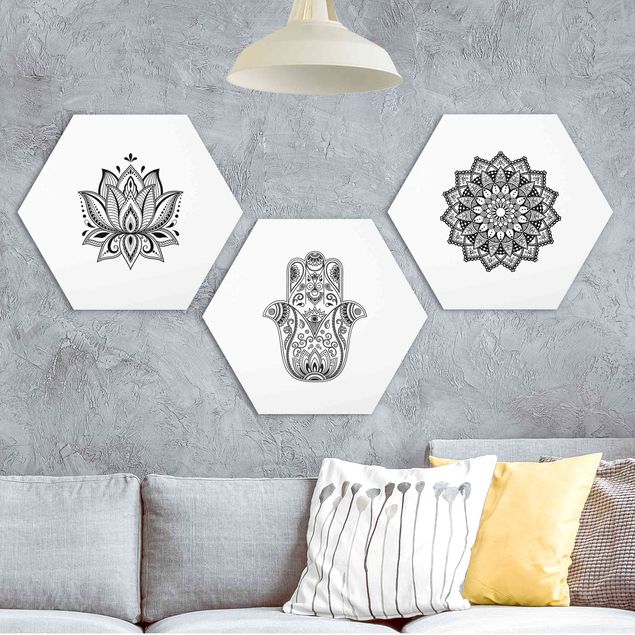 decoraçoes cozinha Mandala Hamsa Hand Lotus Set On White