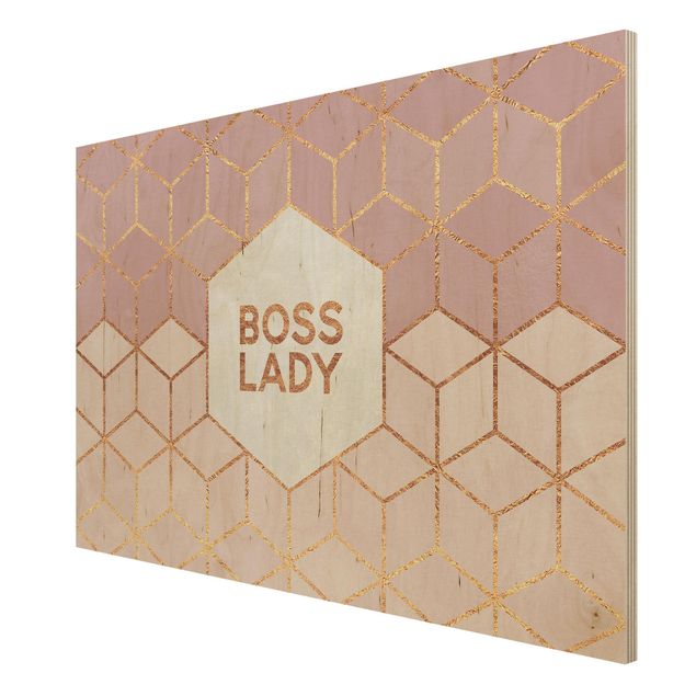 Quadros em madeira frases Boss Lady Hexagons Pink