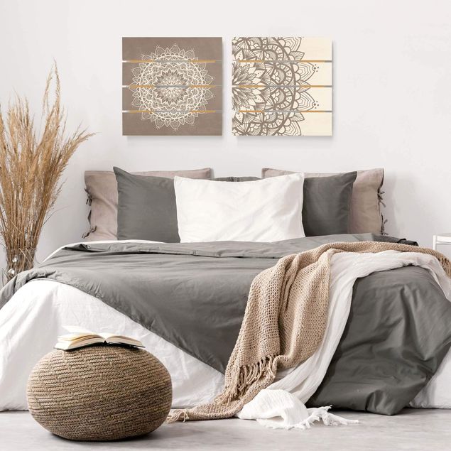 quadro de madeira para parede Mandala Illustration Shabby Set Beige White
