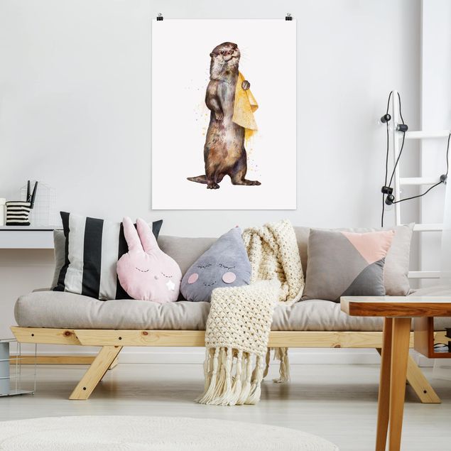 Posters animais Illustration Otter With Towel Painting White
