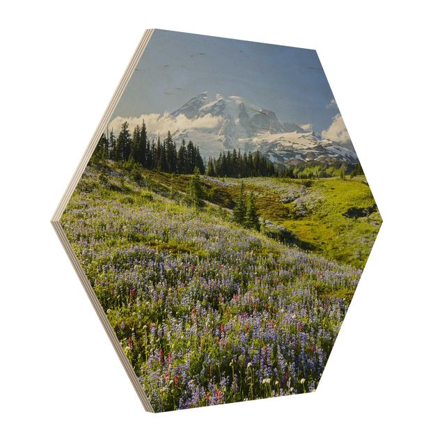 Quadros de Rainer Mirau Mountain Meadow With Red Flowers in Front of Mt. Rainier