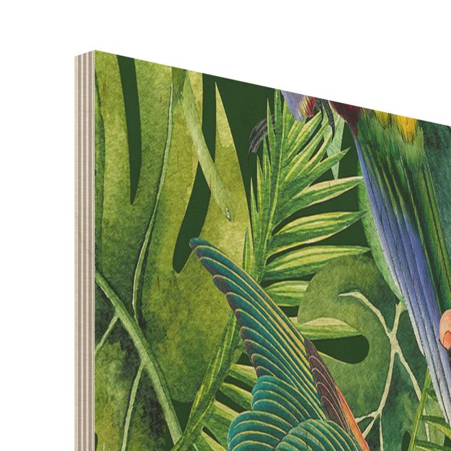 quadro de madeira para parede Colourful Collage - Parrots In The Jungle