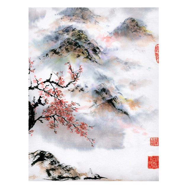 Quadros árvores Japanese Watercolour Drawing Cherry Tree And Mountains