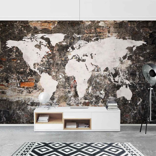 papel de parede imitando pedra Old Wall World Map