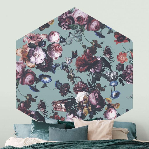 Papel de parede rosas Old Masters Flowers With Tulips And Roses On Blue