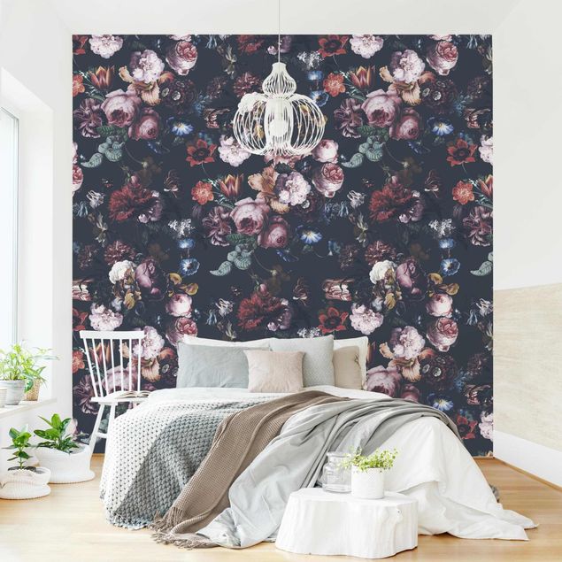 Papel de parede rosas Old Masters Flowers With Tulips And Roses On Dark Gray
