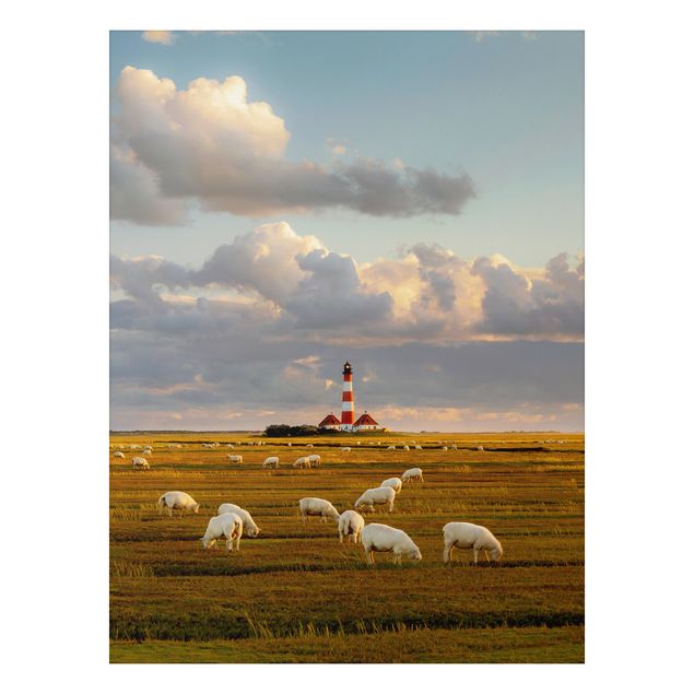 Quadros paisagens North Sea Lighthouse With Flock Of Sheep
