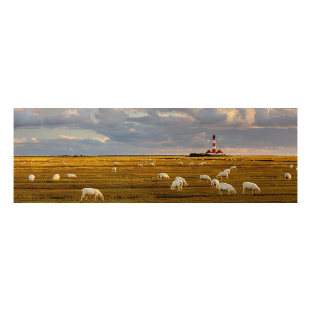 Quadros paisagens North Sea Lighthouse With Flock Of Sheep