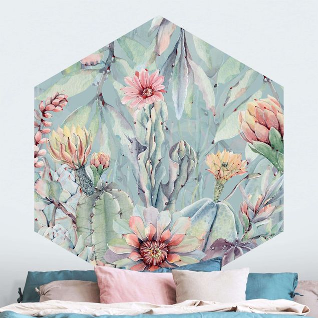 papel de parede moderno Watercolour Blooming Cacti Bouquet