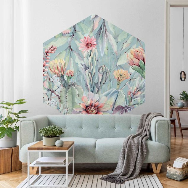 Papel de parede com flores Watercolour Blooming Cacti Bouquet
