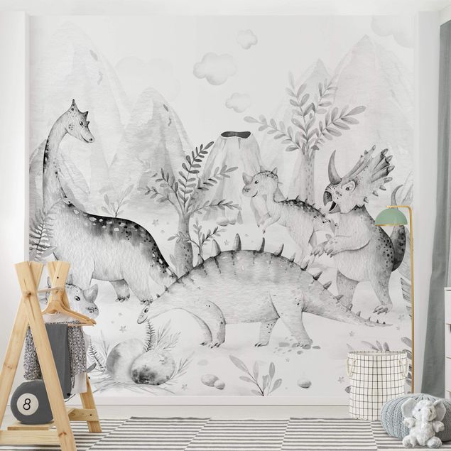 papel de parede moderno para sala Watercolour World Of Dinosaurs Black And White