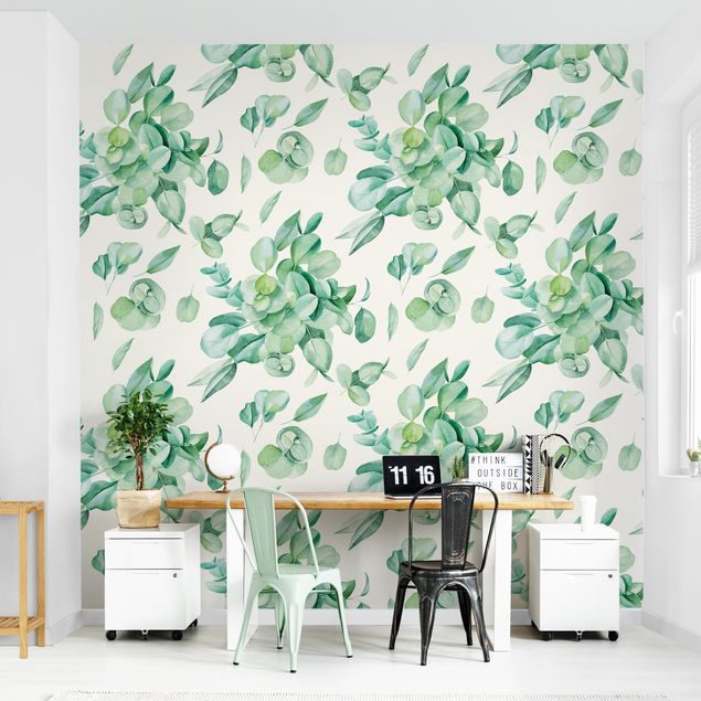 papel de parede moderno para sala Watercolour Eucalyptus Bouquet Pattern