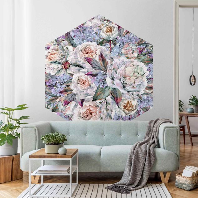 papel de parede para quarto de casal moderno Watercolour Lilac Peony Bouquet