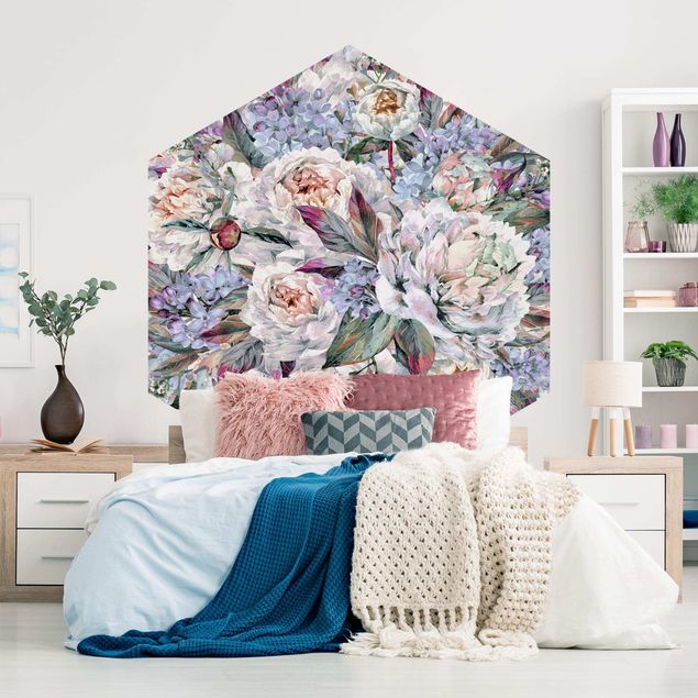 papel de parede floral Watercolour Lilac Peony Bouquet
