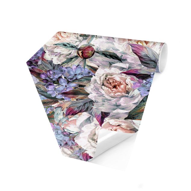 Papel de parede hexagonal Watercolour Lilac Peony Bouquet